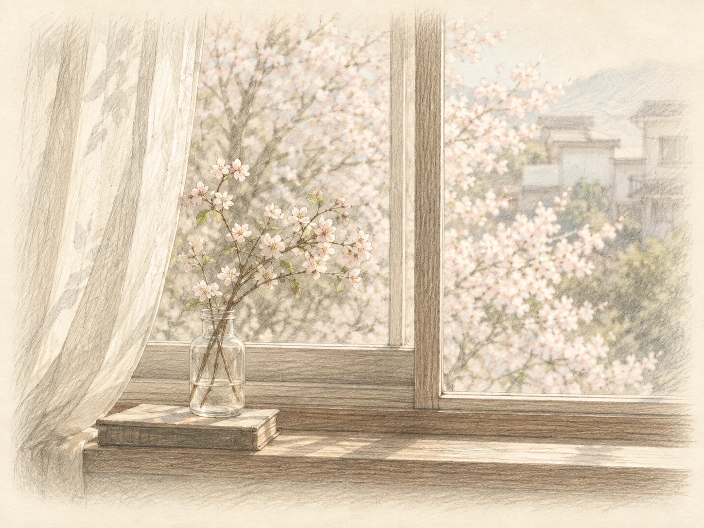 以前の桜の窓辺をもとに、淡いピンクを添えた鉛筆画