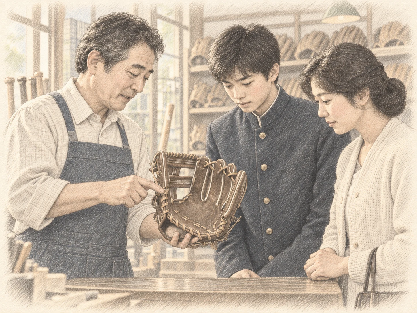 店主が母親と中学3年生の子にグラブの説明をしている場面
