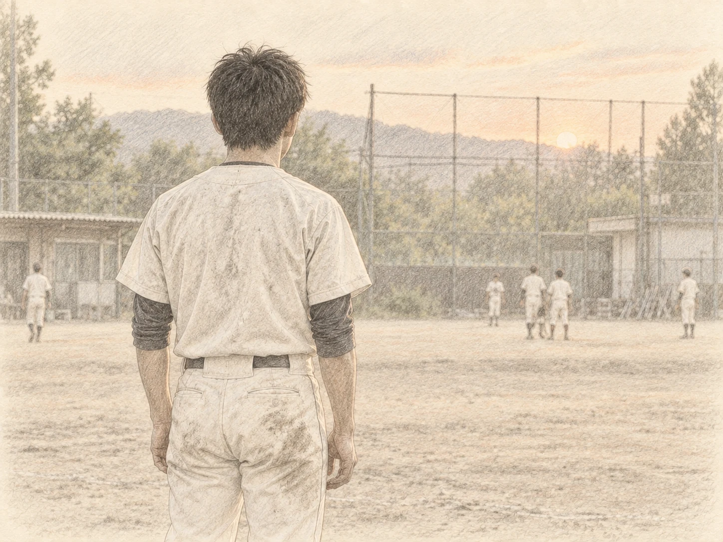 夕方のグラウンドを見つめるユニフォーム姿の高校野球選手の後ろ姿